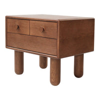 Brown wooden nightstand with a smooth finish and rounded legs, featuring two minimalist drawers.