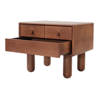 Brown wooden nightstand with two drawers and round legs, featuring a smooth, minimalist design.