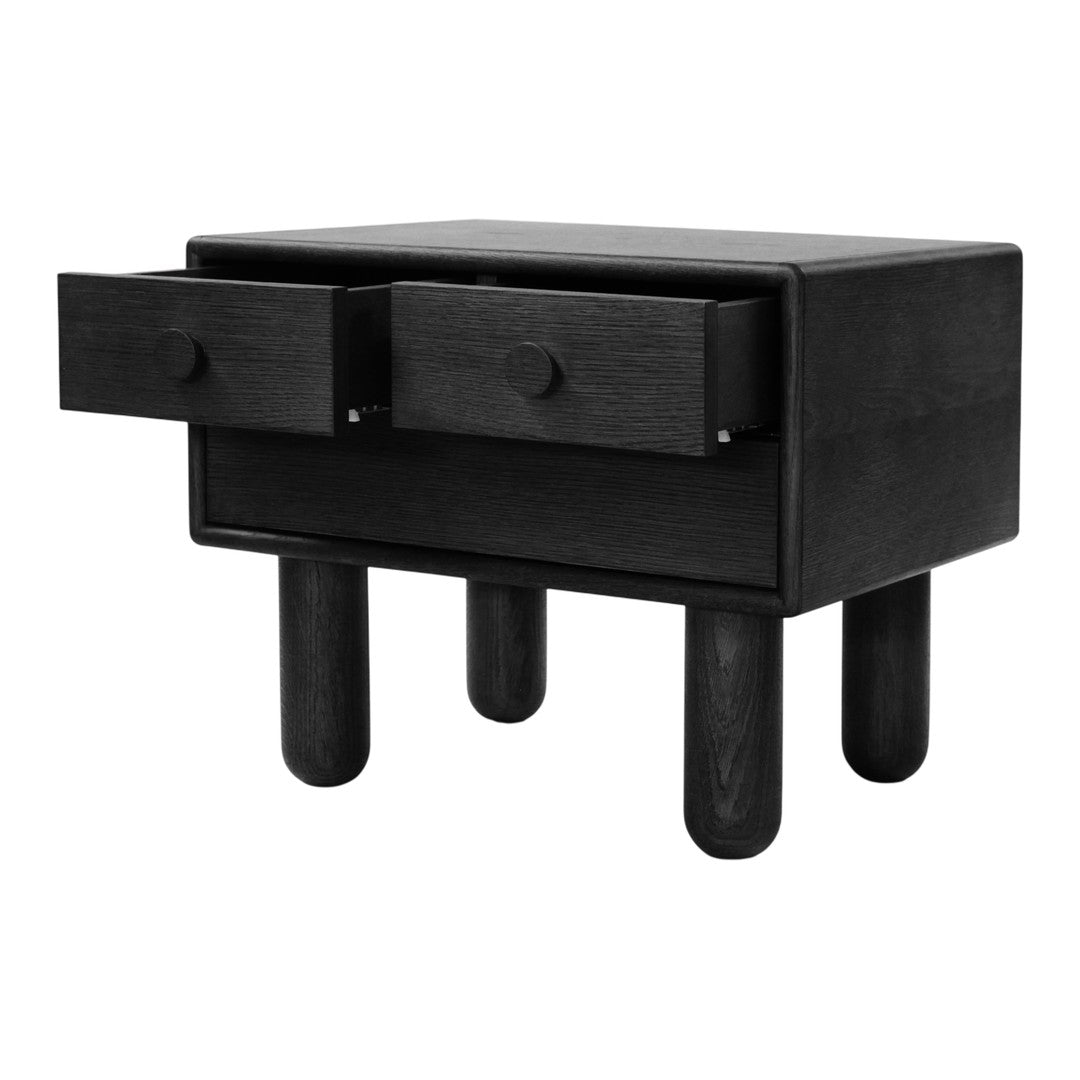 Black wooden nightstand with two drawers and round legs, featuring a sleek, minimalist design.