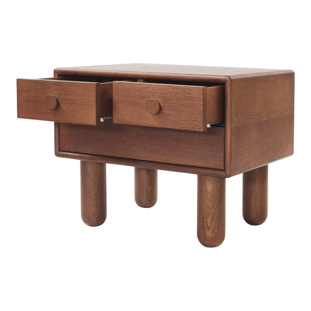 Brown wooden side table with two drawers and rounded legs, featuring a sleek, minimalist design.