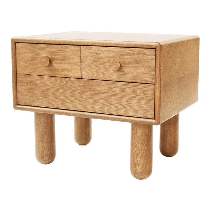 Natural oak bedside table with smooth finish, featuring two drawers and rounded wooden legs. Minimalist design.