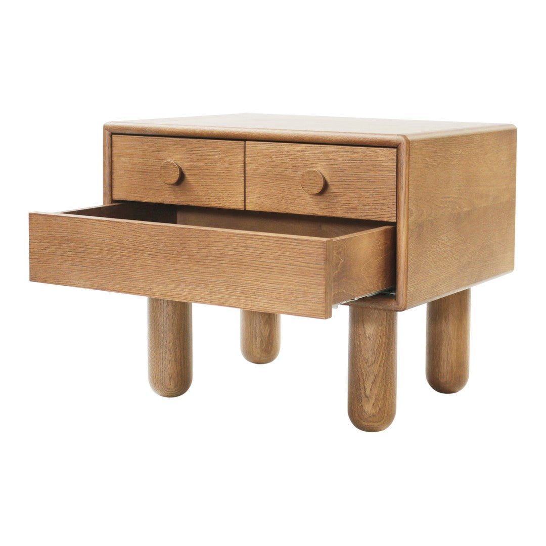 Light wood nightstand with two drawers and rounded legs, featuring a smooth, natural finish and minimalist design.