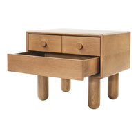 Light wood nightstand with two drawers and rounded legs, featuring a smooth, natural finish and minimalist design.