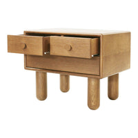 Minimalist wooden nightstand in natural wood finish with two drawers and rounded legs. Perfect for modern decor.