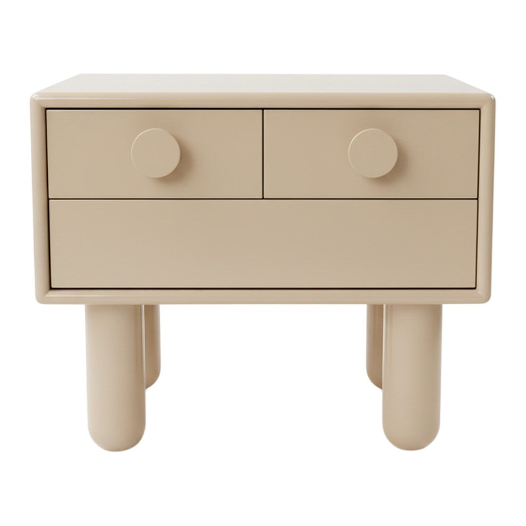 Light beige modern nightstand with a smooth finish and two round drawer pulls. Simple, minimalist design.