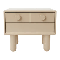 Light beige modern nightstand with a smooth finish and two round drawer pulls. Simple, minimalist design.