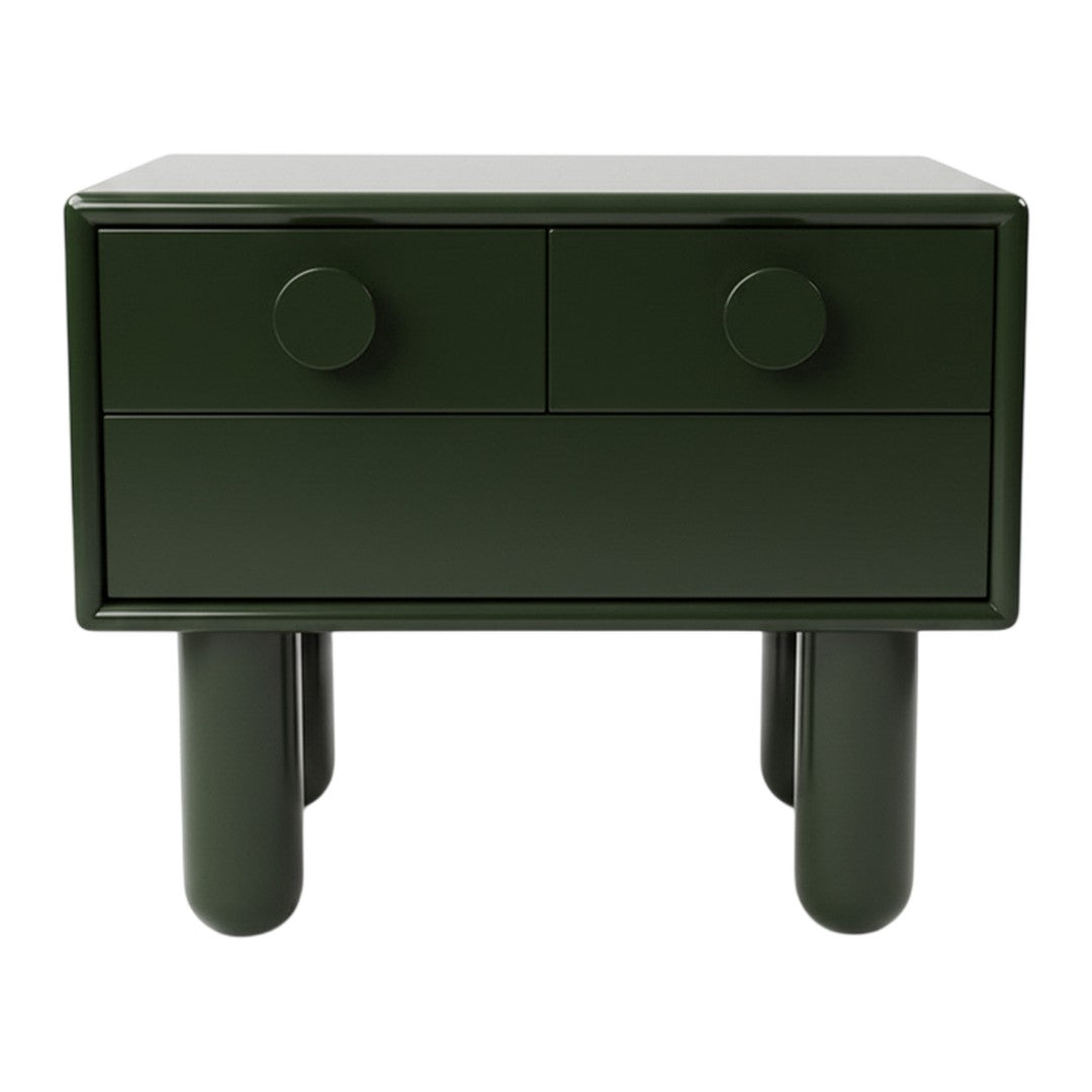 Dark green nightstand with two drawers and rounded knobs, featuring a sleek, modern design and smooth finish.