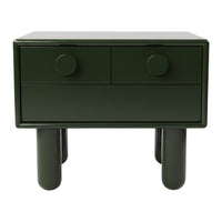 Dark green nightstand with two drawers and rounded knobs, featuring a sleek, modern design and smooth finish.