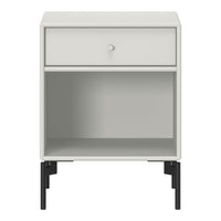 White nightstand with sleek minimalist design and contrasting black legs, featuring a single drawer and open shelf.