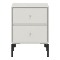 White nightstand with a sleek design, featuring smooth surfaces and minimalist black legs. Ideal for modern decor.