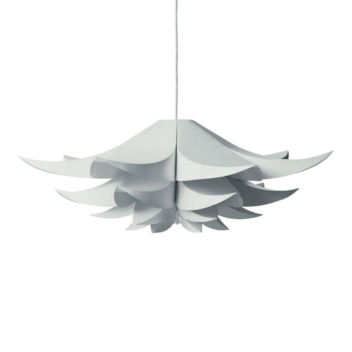 White pendant lamp with layered petal-like design, creating a modern and elegant look for any space.