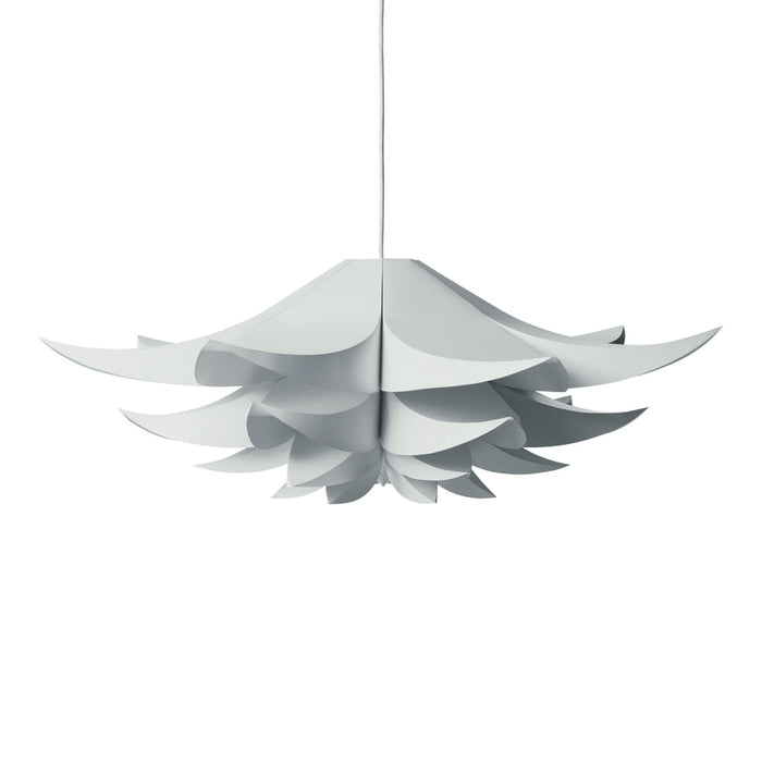 White pendant lamp with layered petal-like design, creating a modern and elegant look for any space.