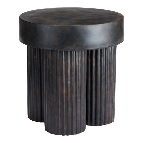 Round dark bronze accent table featuring ribbed texture and smooth finish. Ideal for modern decor. 