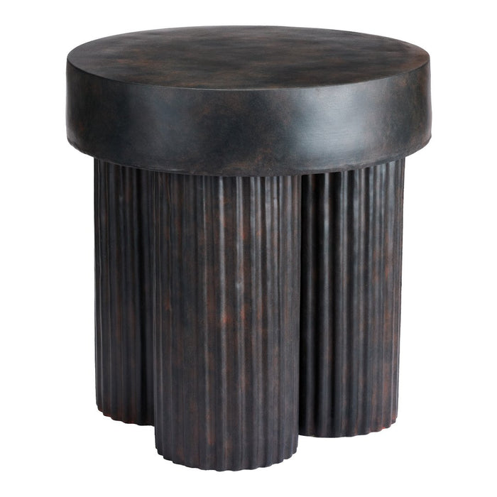 Round dark bronze accent table featuring ribbed texture and smooth finish. Ideal for modern decor. 