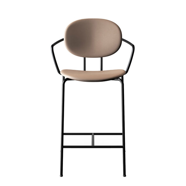 Elegant beige upholstered stool with a minimalist black metal frame, showcasing a blend of modern simplicity and style.