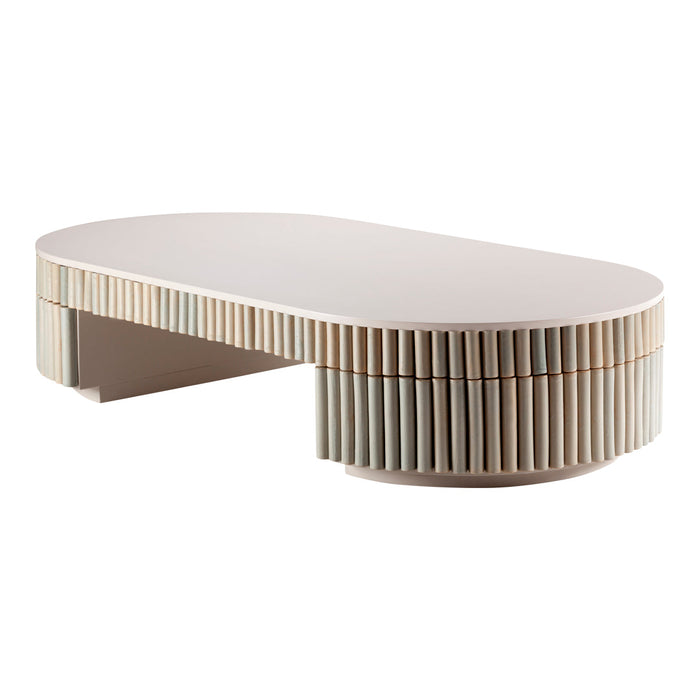 Oval coffee table in soft beige with vertical ribbed detailing for a modern, elegant look. Perfect for contemporary decor.