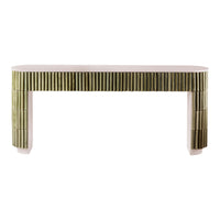 Modern console table featuring green vertical stripes on a white base, creating a sleek and stylish design.