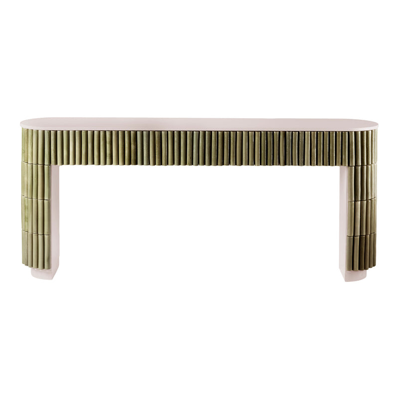 Modern console table featuring green vertical stripes on a white base, creating a sleek and stylish design.