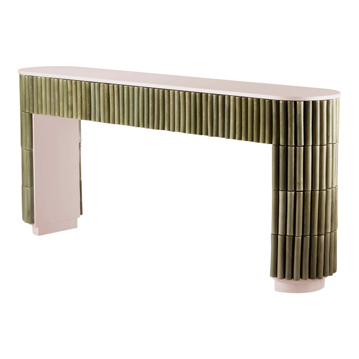 Green pleated design console table with a smooth light-colored top, featuring textured vertical patterns.
