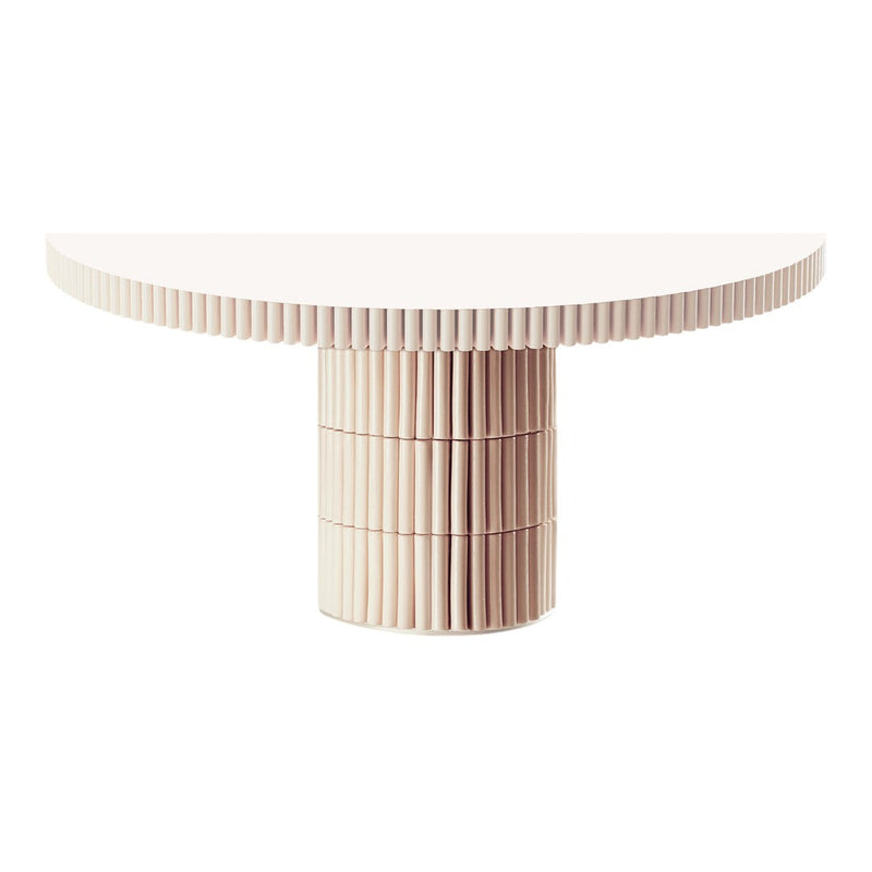 Modern half-moon table in soft cream with textured ribbed base, adding elegant style to any space.