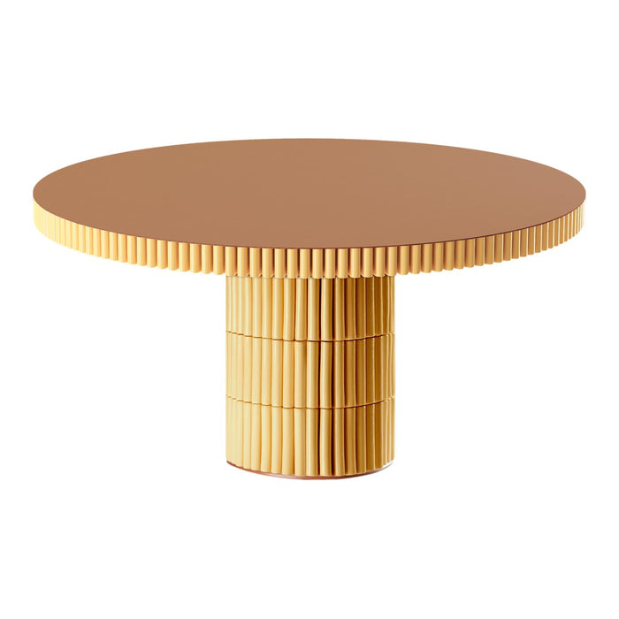 Round table featuring a brown top and ribbed yellow base, ideal for modern decor.