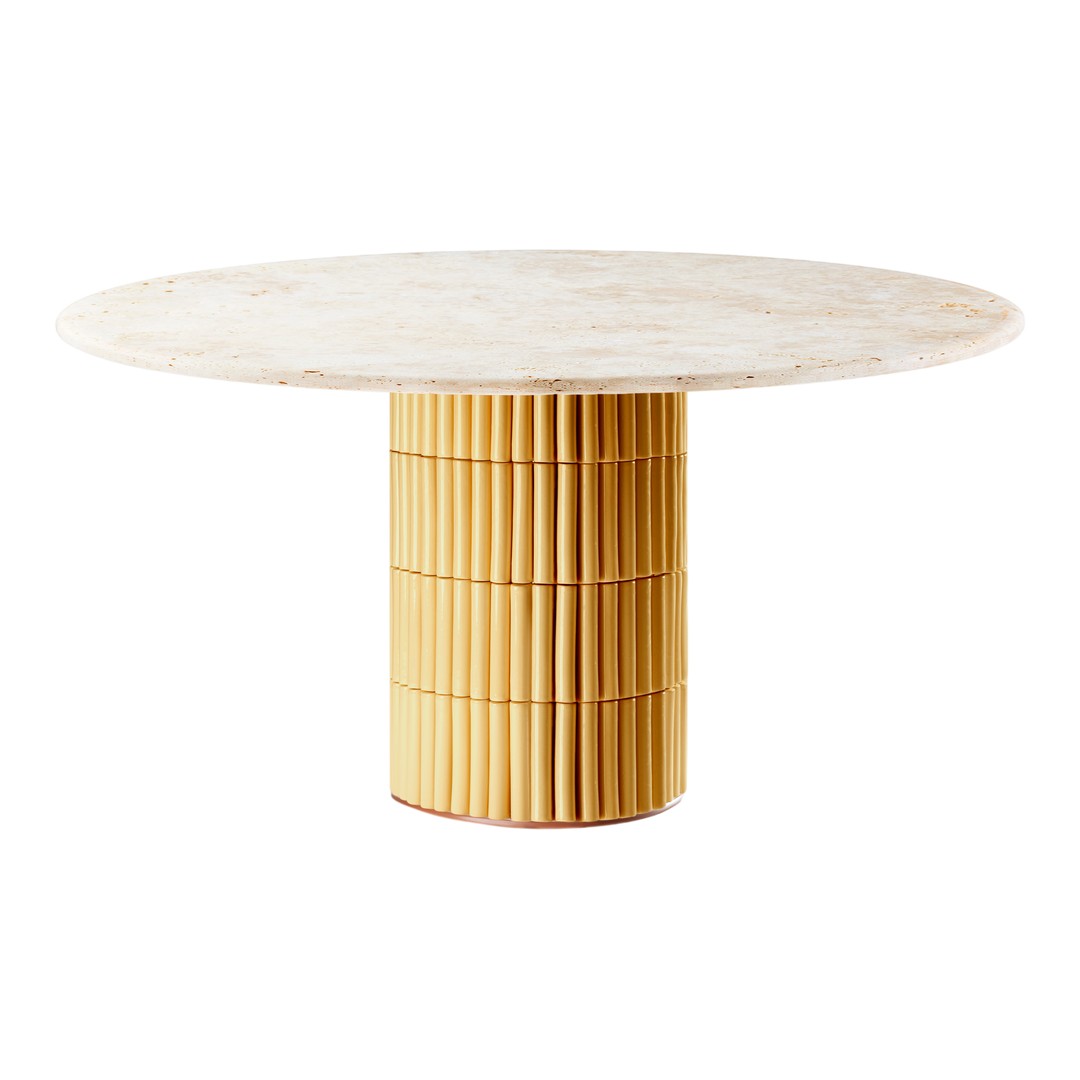 Round marble dining table with a textured yellow cylindrical base, featuring a modern and stylish pattern.