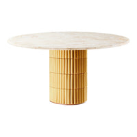 Round marble dining table with a textured yellow cylindrical base, featuring a modern and stylish pattern.
