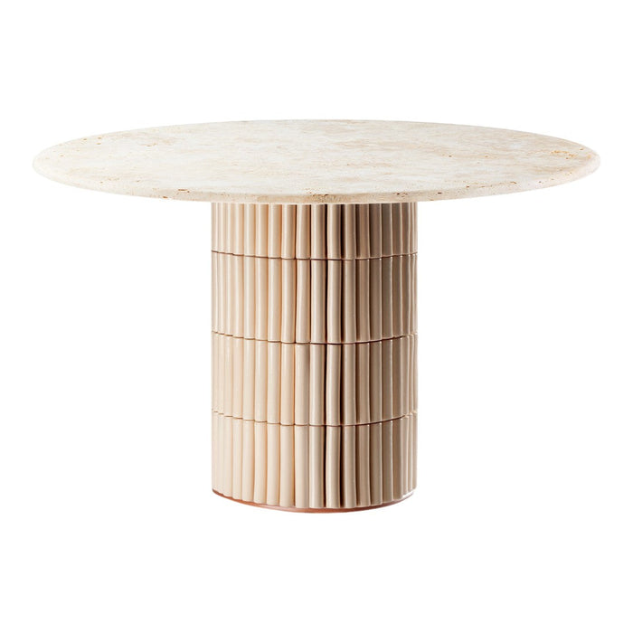 Round beige dining table with a ribbed cylindrical base and a smooth, marbled surface, perfect for modern decor.