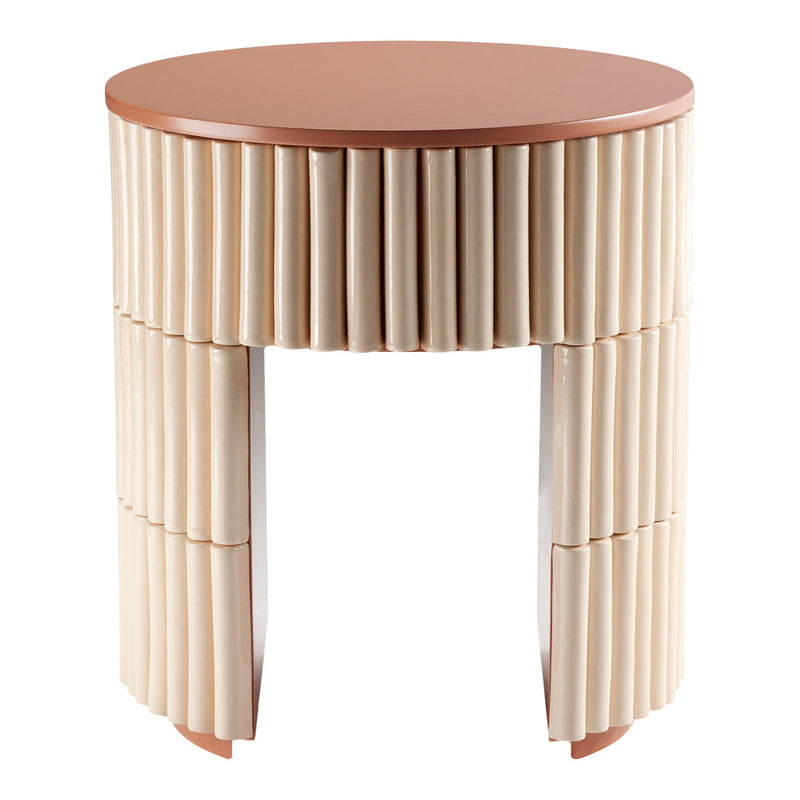 Round side table with a warm brown top and beige pleated pattern on the legs, adding a modern touch to any decor.