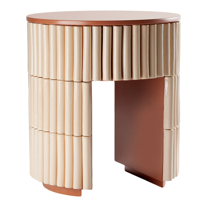 Cream and terracotta round side table with ribbed pattern for a modern aesthetic. Perfect for contemporary decor.