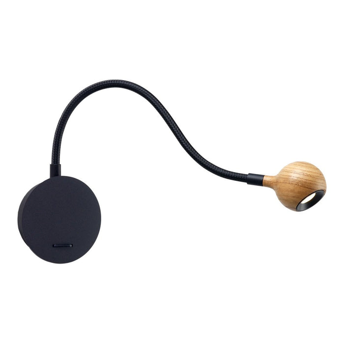 Black flexible lamp with a wooden bulb, featuring a smooth, minimalist design. Ideal for modern decor.