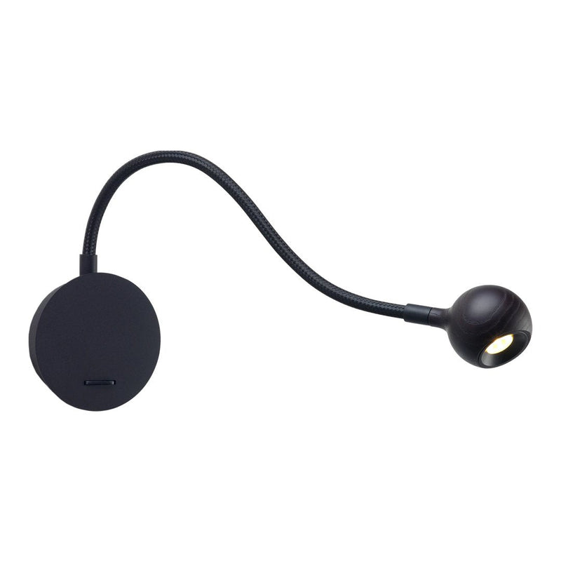 Black flexible LED lamp with a round base and a sleek, modern design. Ideal for focused lighting.