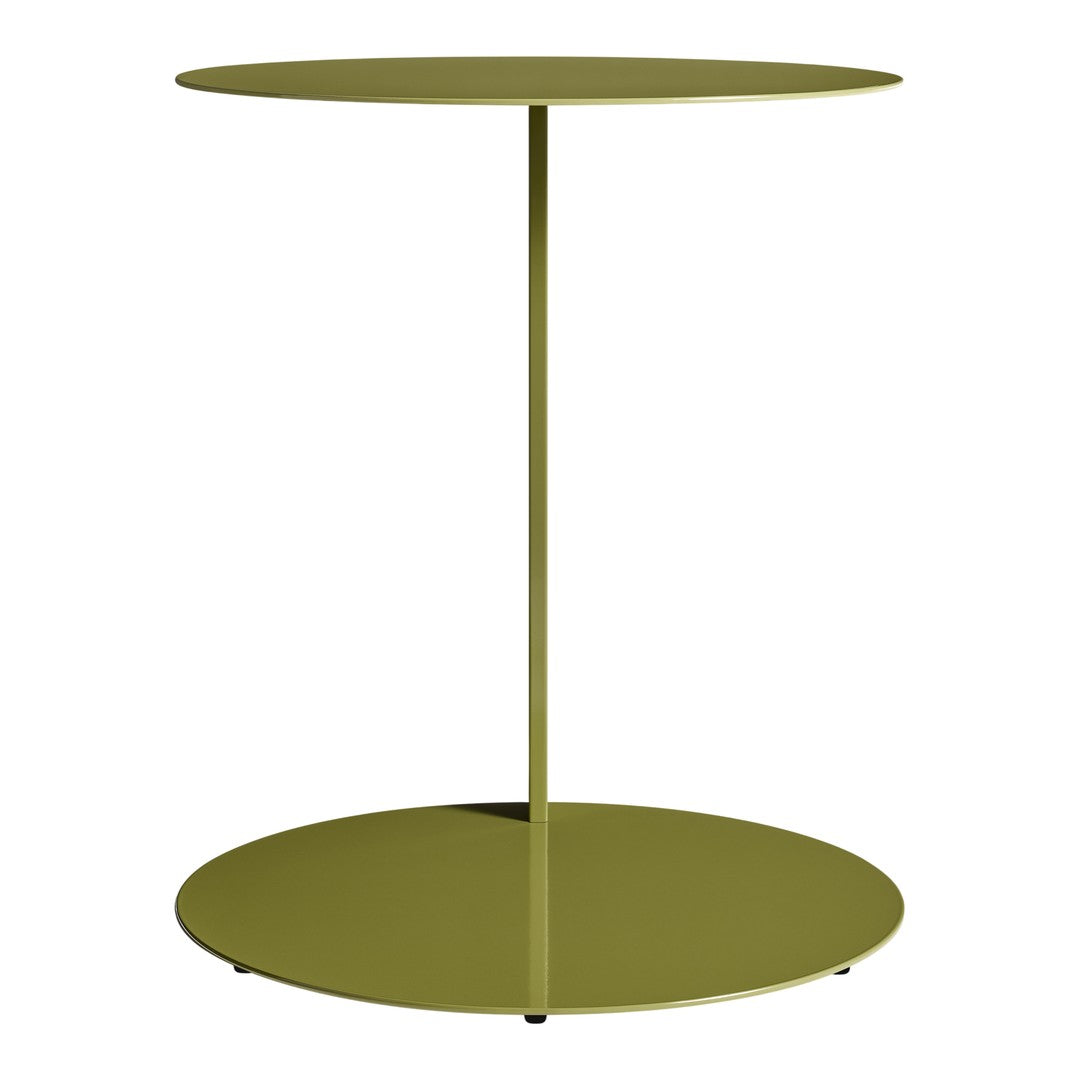 Olive green modern side table with a sleek, circular design and minimalist aesthetic. Perfect for contemporary spaces.