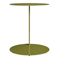 Olive green modern side table with a sleek, circular design and minimalist aesthetic. Perfect for contemporary spaces.