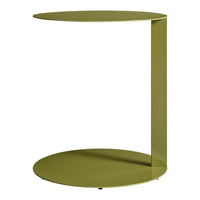 Olive green modern side table with a sleek circular design and minimalistic style. Ideal for contemporary decor.