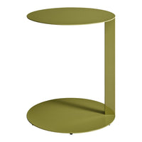 Olive green modern side table with a sleek round top and base, featuring a minimalist design.
