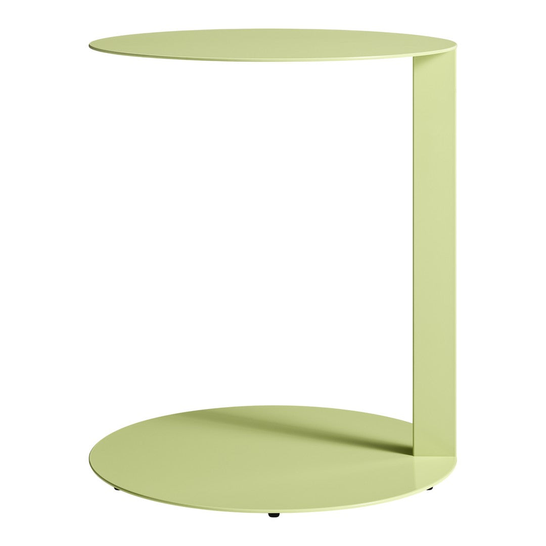Modern green side table featuring a sleek, minimalist design with circular top and base. Perfect for contemporary decor.
