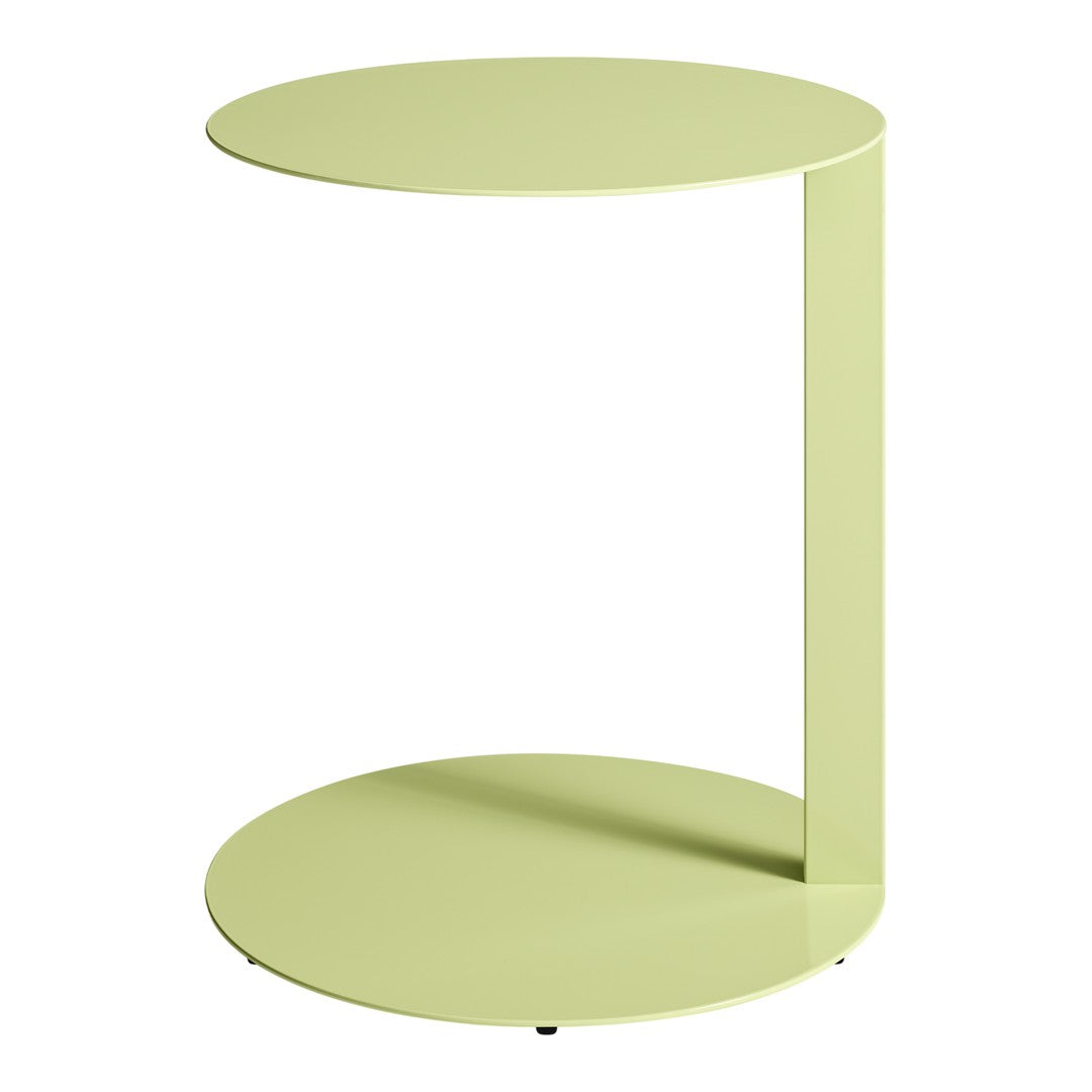 Modern round side table in soft pastel green with a sleek, minimalist design and smooth finish. Perfect addition to any space.
