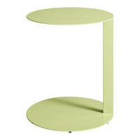 Modern round side table in soft pastel green with a sleek, minimalist design and smooth finish. Perfect addition to any space.