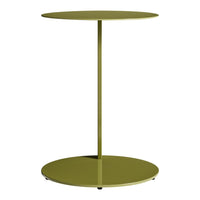 Olive green round side table with a minimalist design and sleek, smooth finish. Ideal for modern decor.