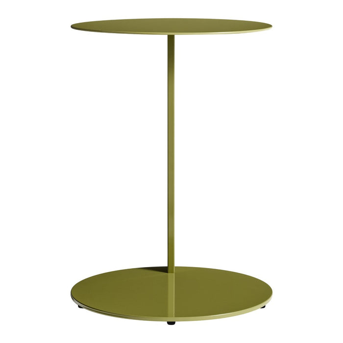 Olive green round side table with a minimalist design and sleek, smooth finish. Ideal for modern decor.