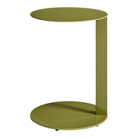 Modern olive green side table with a sleek, minimalist design and circular top and base. Perfect for contemporary decor.