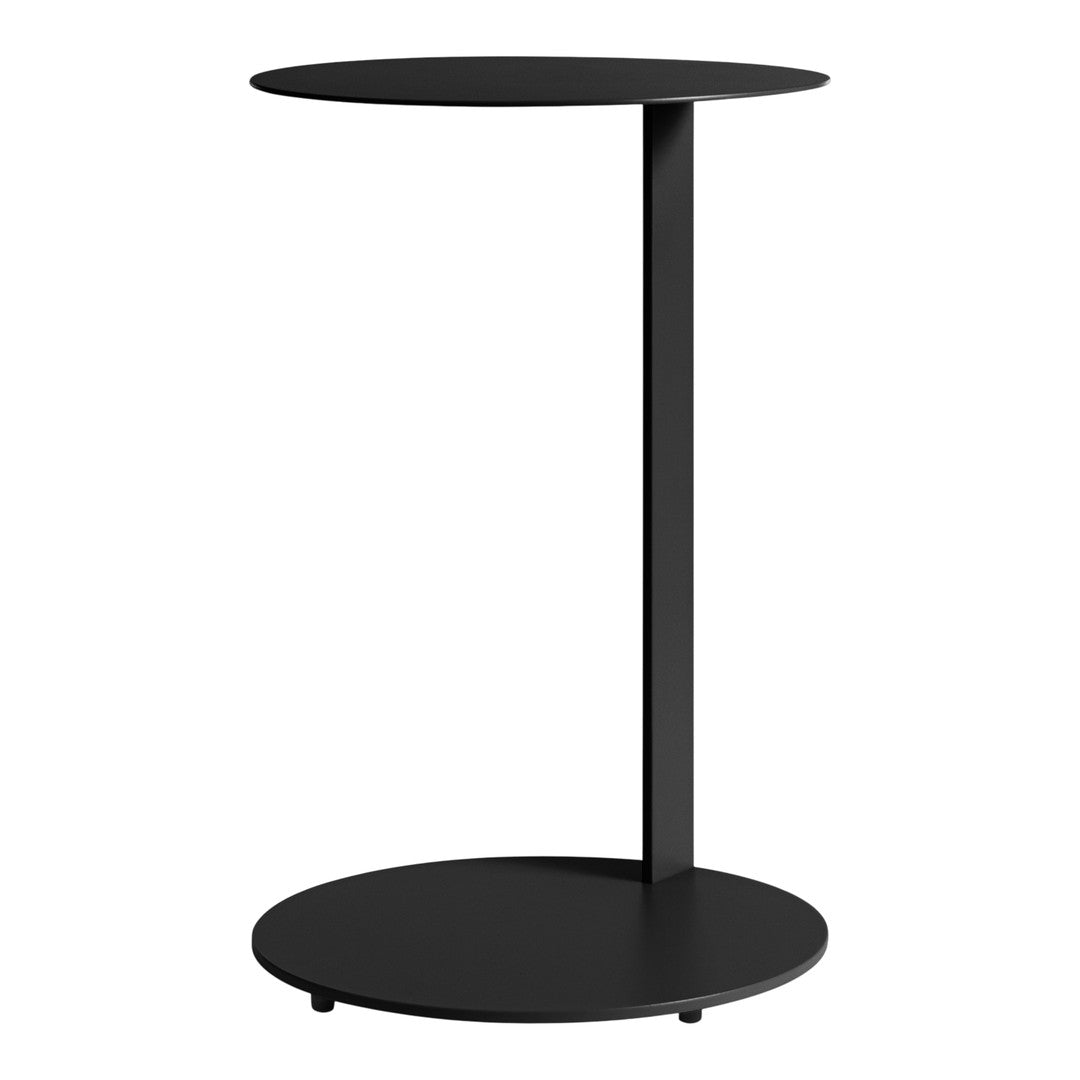 Black round side table with a smooth surface and minimalist design, featuring sleek lines and a modern aesthetic.