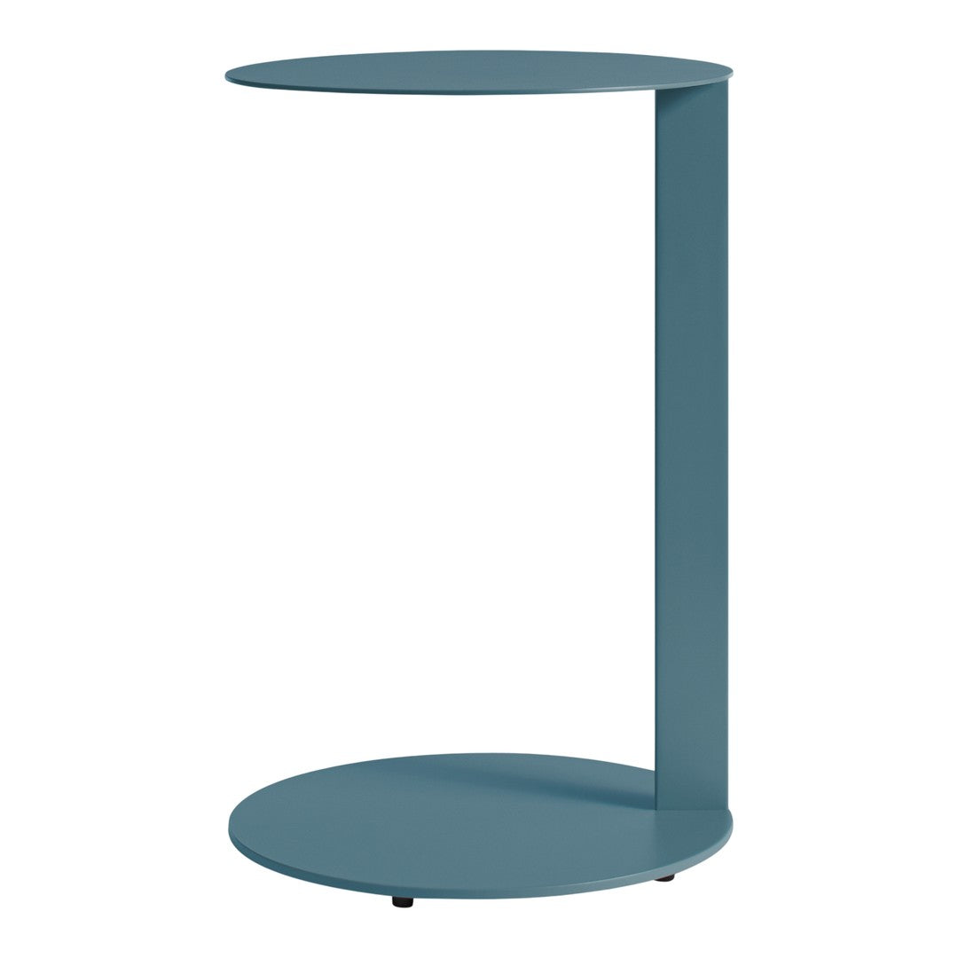 Modern teal side table featuring a sleek, minimalist design with circular top and base. Ideal for contemporary decor.