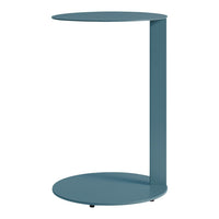 Modern teal side table featuring a sleek, minimalist design with circular top and base. Ideal for contemporary decor.