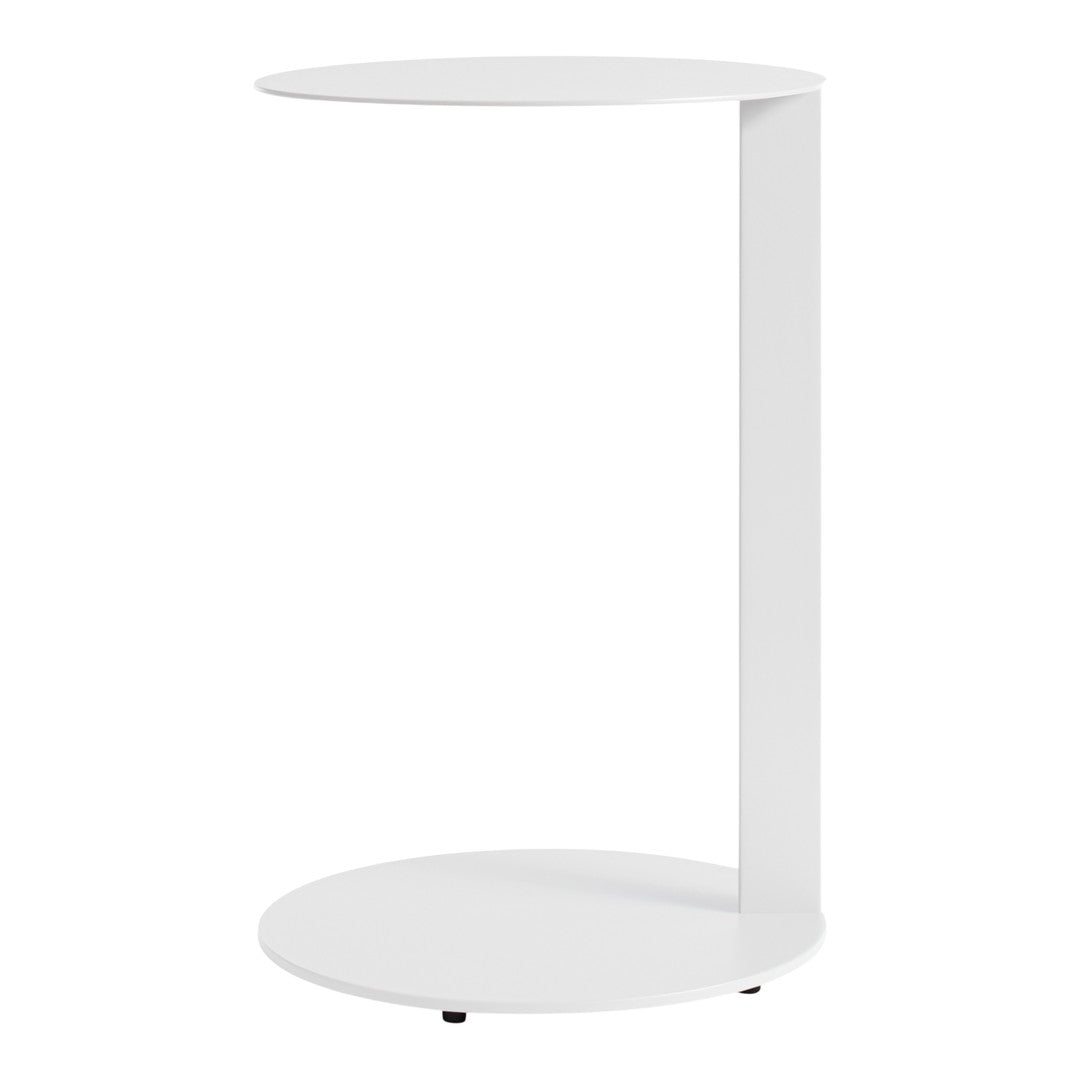 White modern side table with a sleek, minimalist design and smooth circular surfaces.