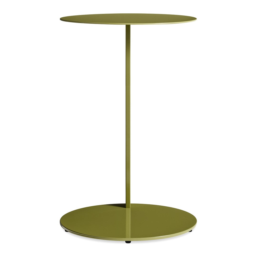 Olive green minimalist side table with a round top and base, featuring a sleek, modern design. Ideal for contemporary decor.