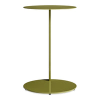 Olive green minimalist side table with a round top and base, featuring a sleek, modern design. Ideal for contemporary decor.