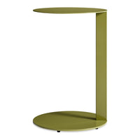 Modern olive green side table with a sleek, minimalist design and smooth, round top and base.
