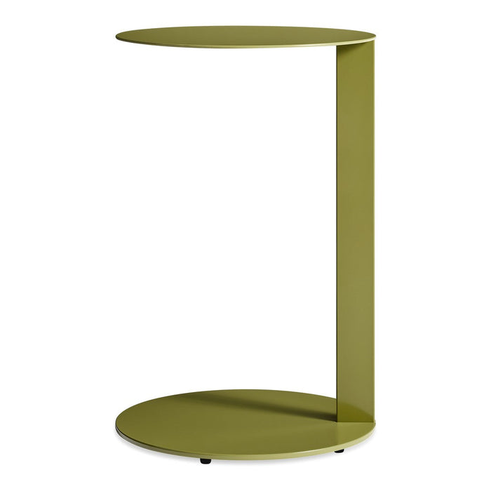 Modern olive green side table with a sleek, minimalist design and smooth, round top and base.